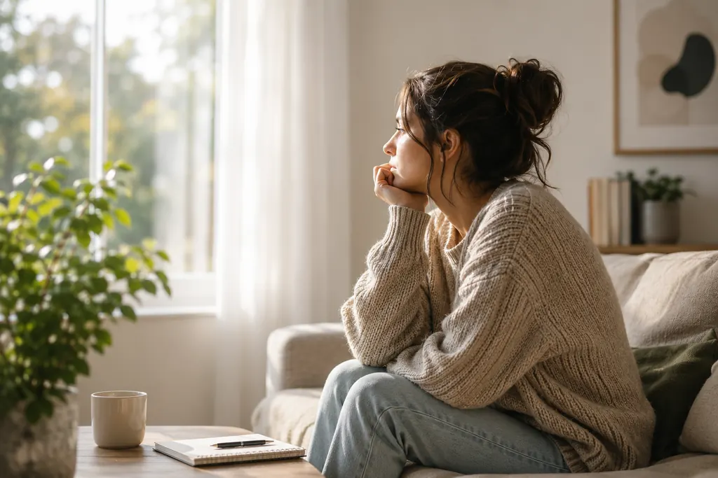 Woman sitting quietly by a sunlit window with a journal and tea, reflecting on depression therapy