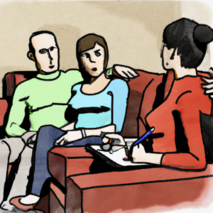 A couple undergoing couples counseling with a therapist.